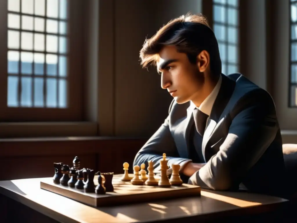 Un retrato de Anatoli Kárpov, campeón soviético de ajedrez, inmerso en una partida, con una expresión de concentración y determinación