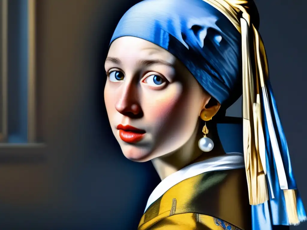 Un retrato ultra detallado de 'La joven de la perla' de Vermeer, revelando cada trazo y la enigmática expresión