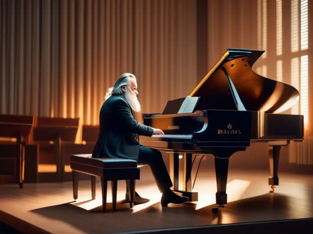 Un retrato ultra detallado en 8k de Johannes Brahms en un piano de cola, inmerso en la composición musical