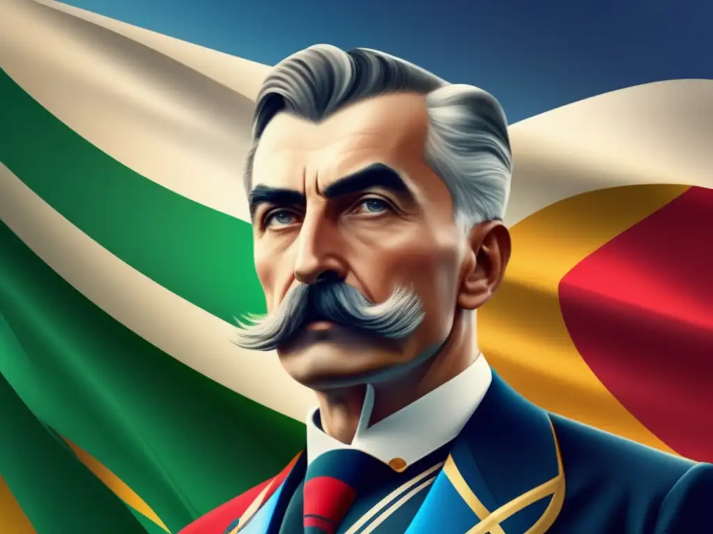 Un retrato 8k ultra detallado de Pierre de Coubertin frente a la bandera olímpica, con una expresión de determinación y pasión
