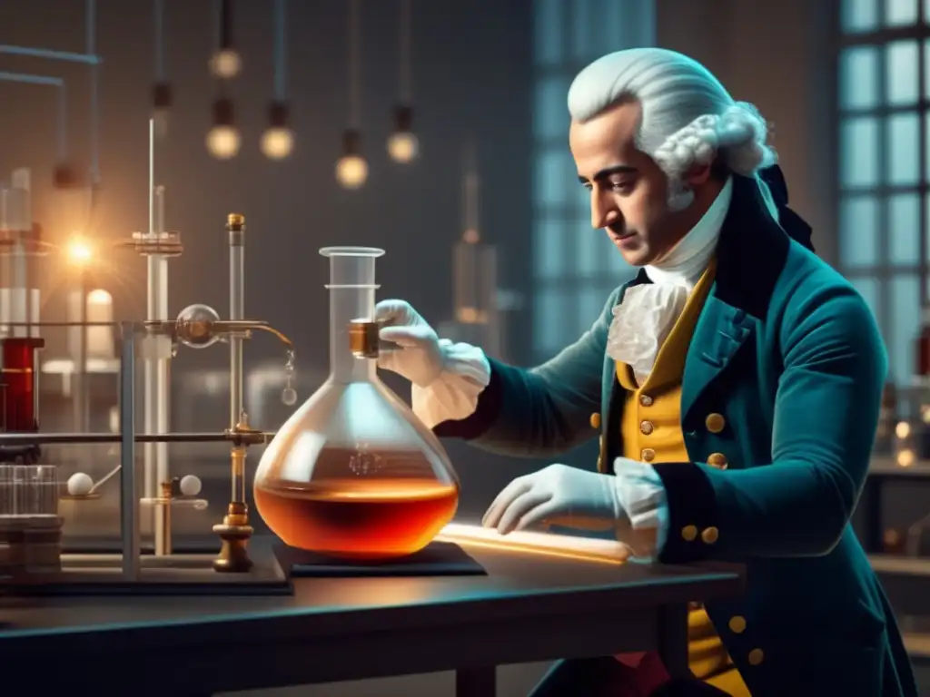 Un retrato ultradetallado en 8k de Antoine Lavoisier llevando a cabo un experimento en un laboratorio moderno, rodeado de equipo científico avanzado