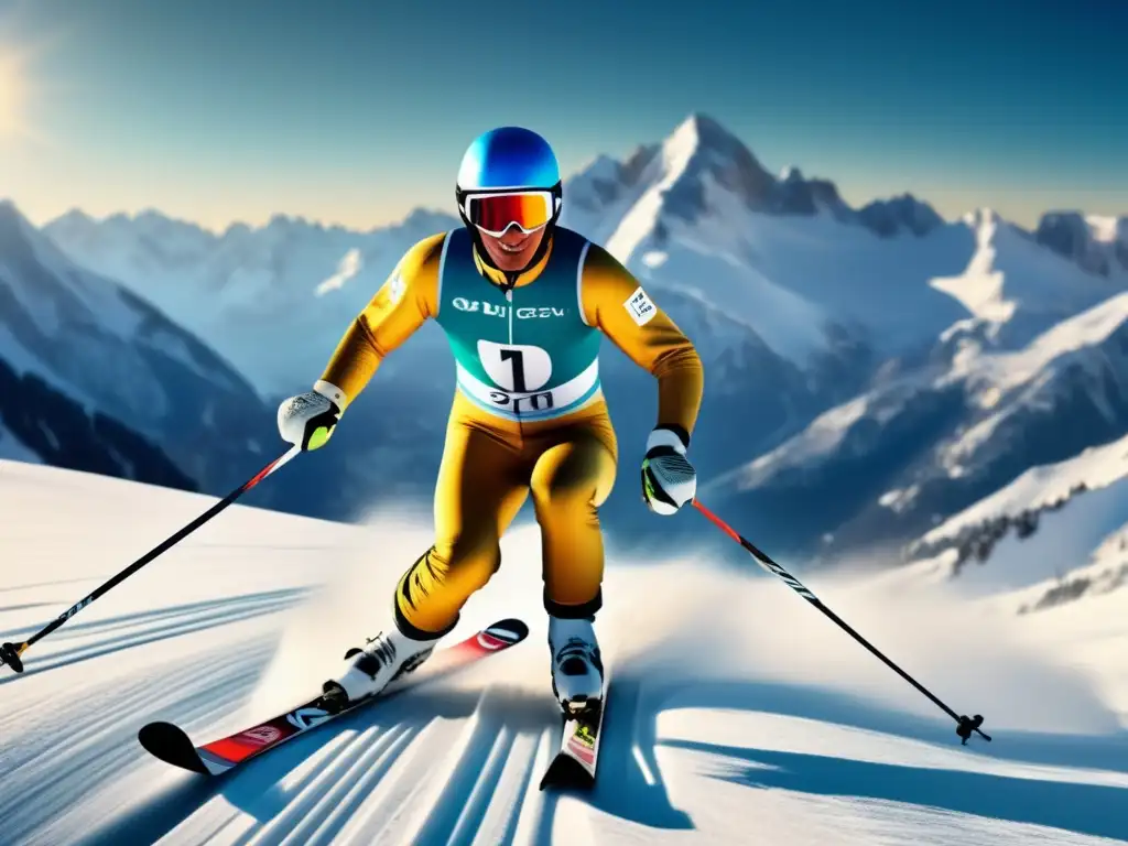 Un retrato ultradetallado de Jean-Claude Killy esquiando en los Alpes, con una majestuosa montaña de fondo