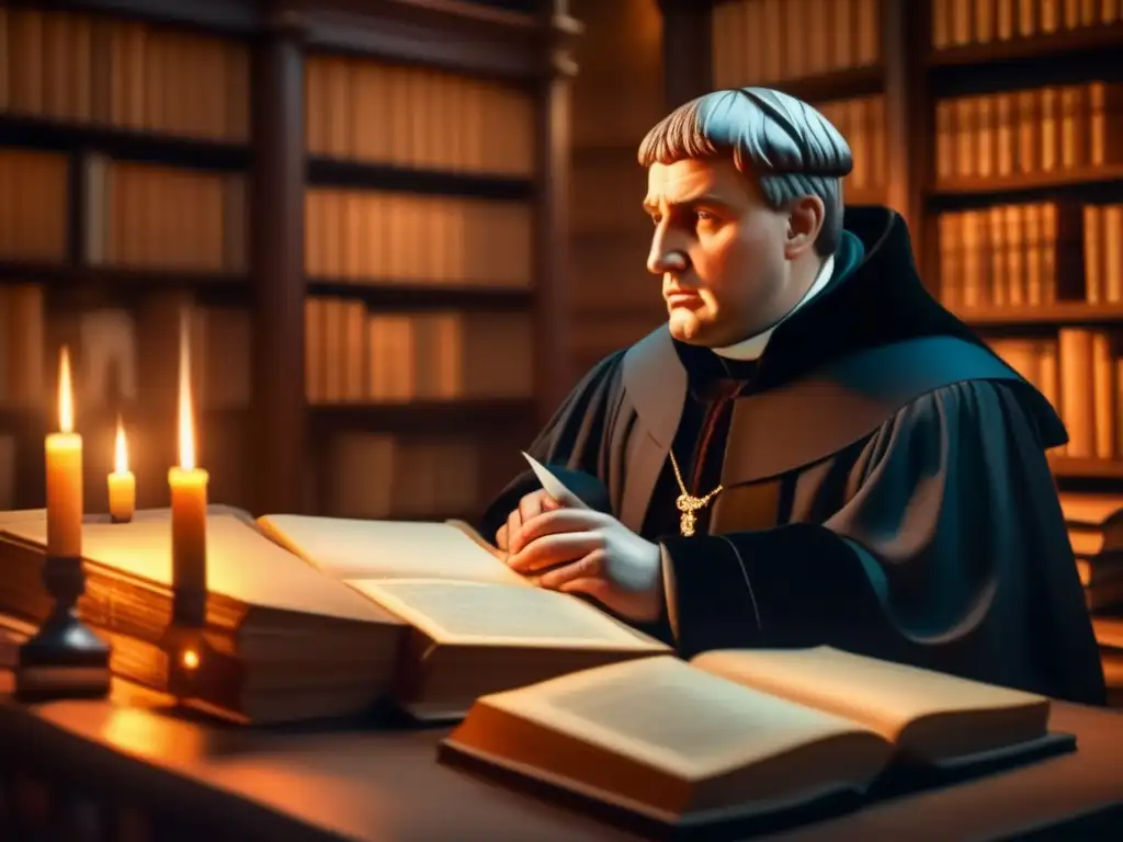 Martin Lutero: Reflexión en Estudio- Un retrato ultraHD de Martín Lutero meditando en su estudio, rodeado de libros y manuscritos