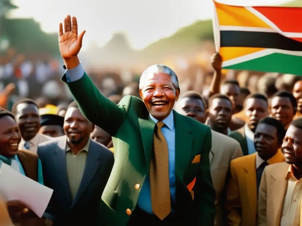 Un retrato vibrante de Nelson Mandela luchando contra el apartheid, rodeado de seguidores y pancartas, irradiando fuerza y esperanza