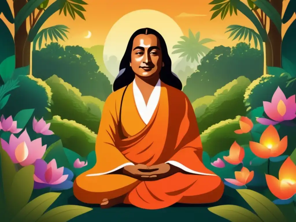 Un retrato vibrante de Paramahansa Yogananda meditando en un jardín exuberante