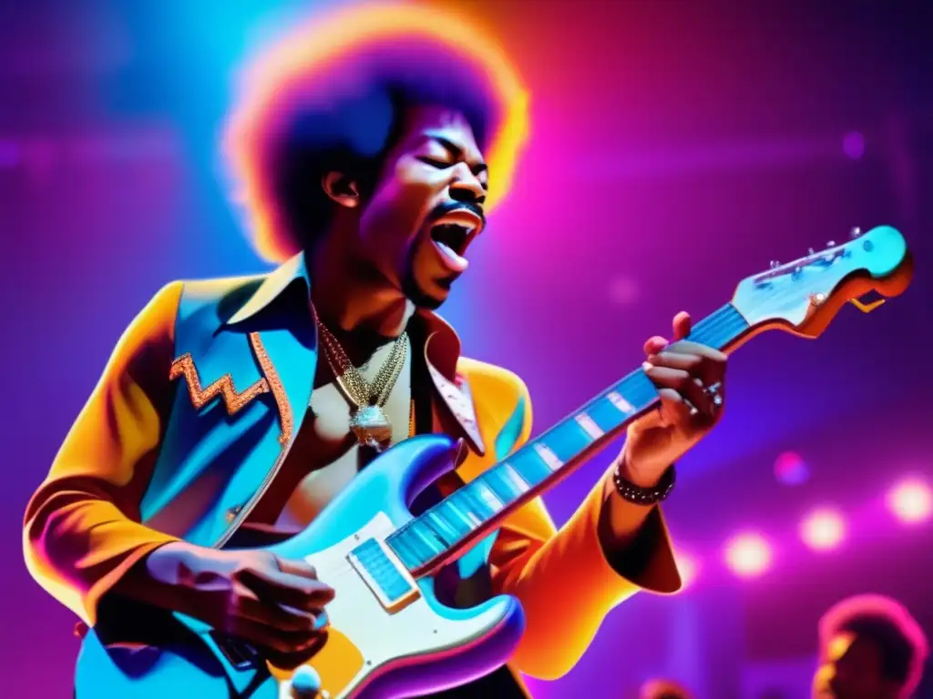 Un retrato vibrante de Jimi Hendrix tocando la guitarra con pasión en un escenario neoniluminado, con su audiencia reflejando asombro y admiración