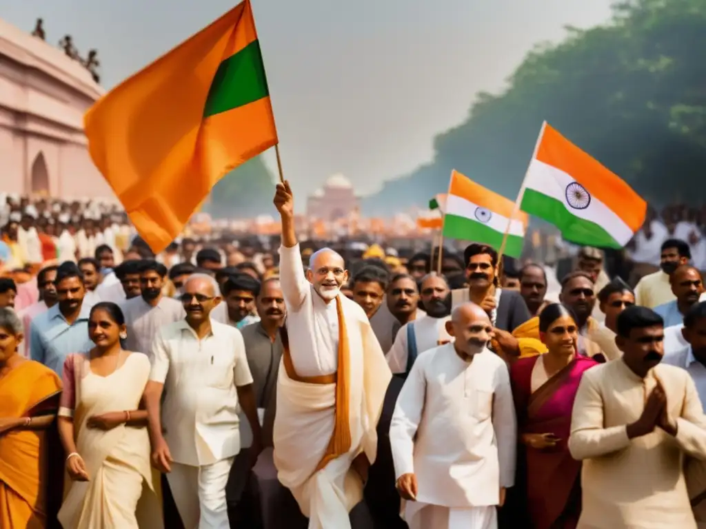 Un retrato vibrante de Mahatma Gandhi liderando una marcha pacífica por la independencia de India, con multitudes siguiéndolo y mostrando pancartas