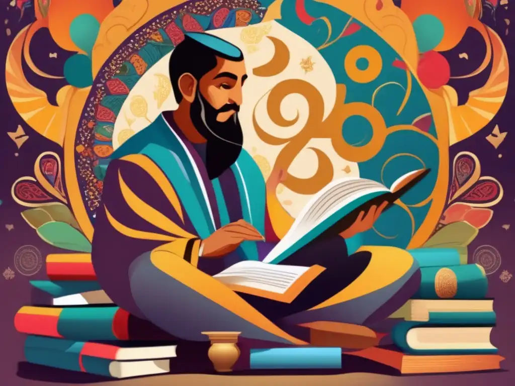 Un retrato vibrante y moderno de AlGhazali inmerso en profunda contemplación, rodeado de libros y pergaminos
