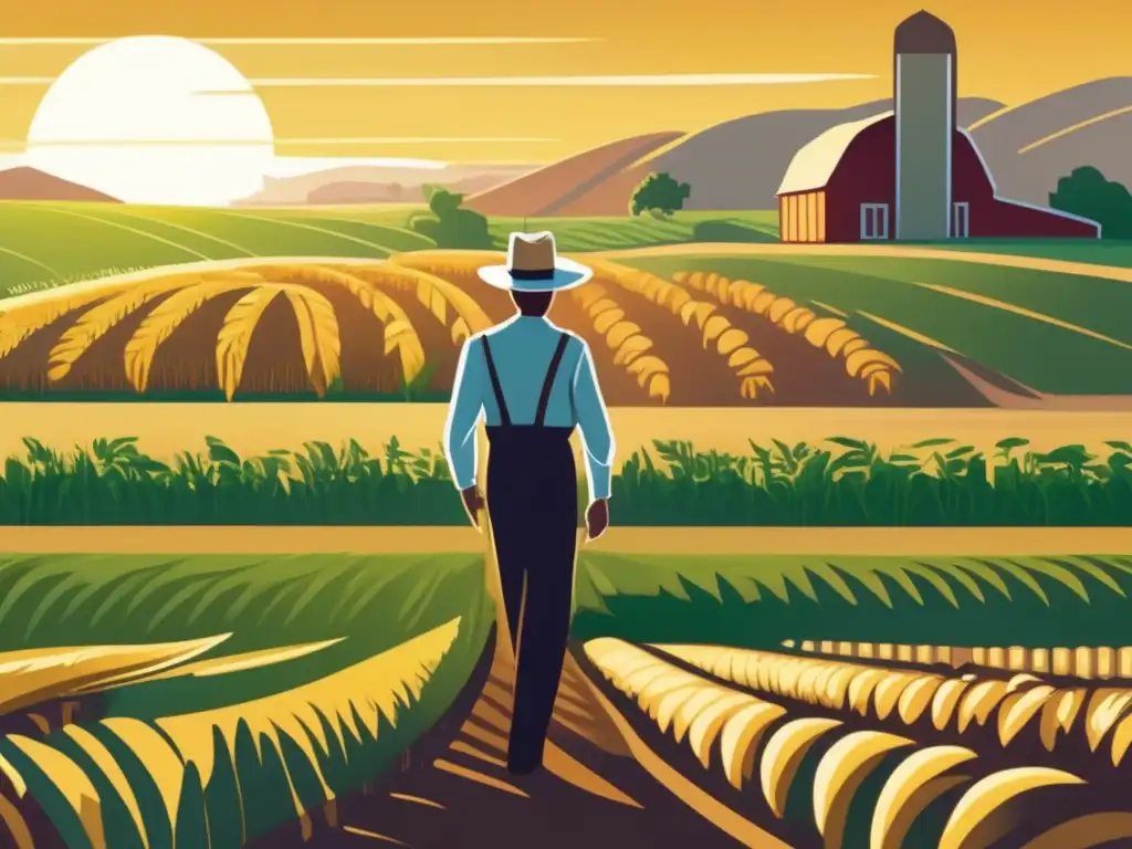 Un retrato vibrante y moderno de Norman Borlaug en un campo exuberante y fértil, rodeado de altos tallos de trigo dorado y cultivos verdes