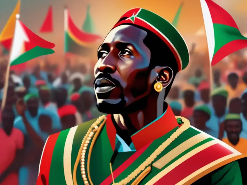 Un retrato vibrante de Thomas Sankara liderando una multitud en Burkina Faso, irradiando pasión y determinación