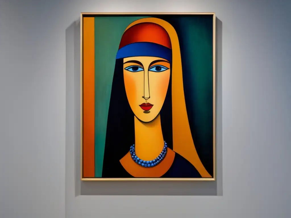 Un retrato vibrante de Jeanne Hébuterne con sombrero y collar de Amedeo Modigliani en una galería de arte moderno