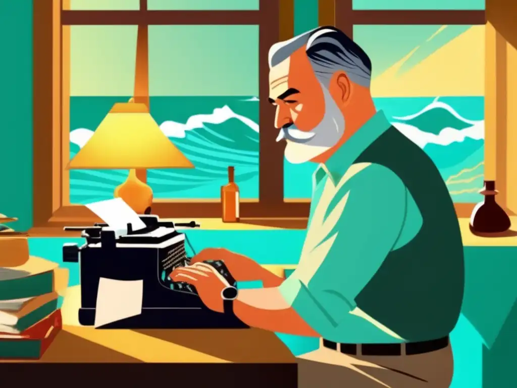 Un retrato vivaz de Ernest Hemingway escribiendo en una habitación iluminada por el sol, con vista al mar de fondo