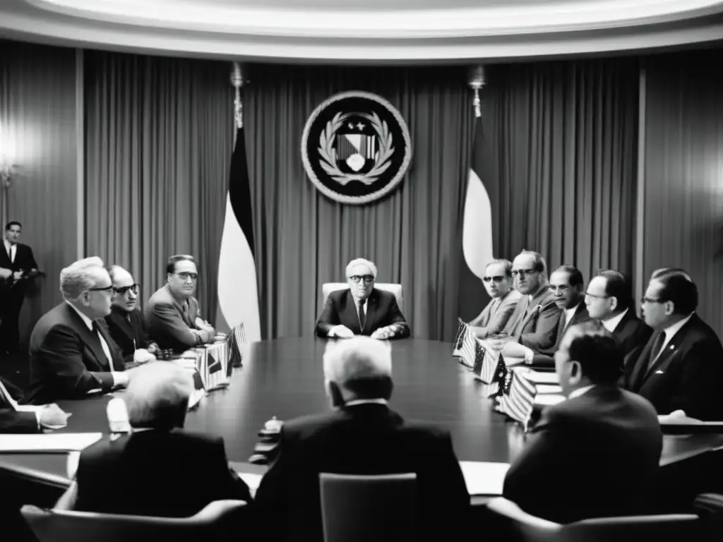 En la reunión diplomática, Henry Kissinger irradia autoridad y confianza