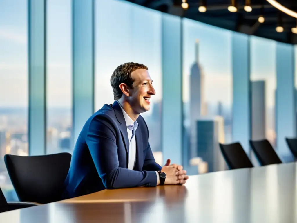 Mark Zuckerberg lidera una reunión de estrategia empresarial en una oficina moderna con vista a la ciudad
