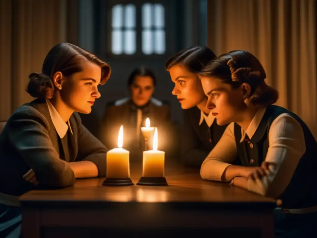 Una reunión secreta del grupo de resistencia Rosa Blanca, liderado por Sophie Scholl, iluminados por velas mientras planean resistir al nazismo