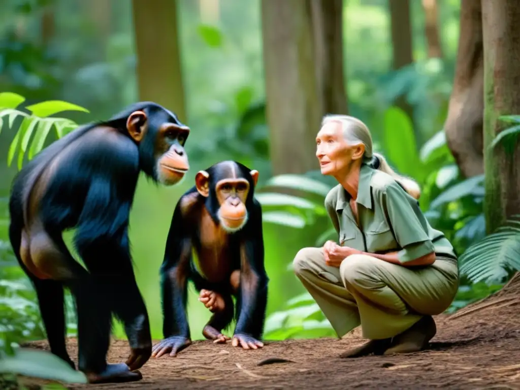 Jane Goodall observa con reverencia el comportamiento de los chimpancés en la exuberante selva