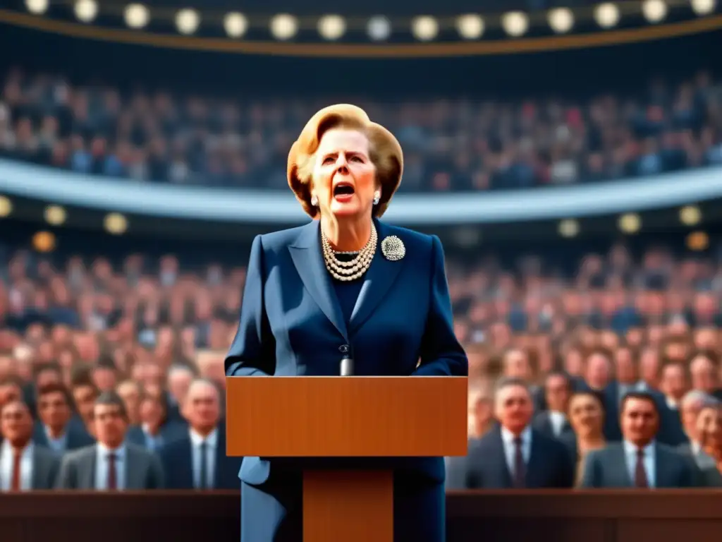 Margaret Thatcher liderando la revolución conservadora con determinación ante una multitud