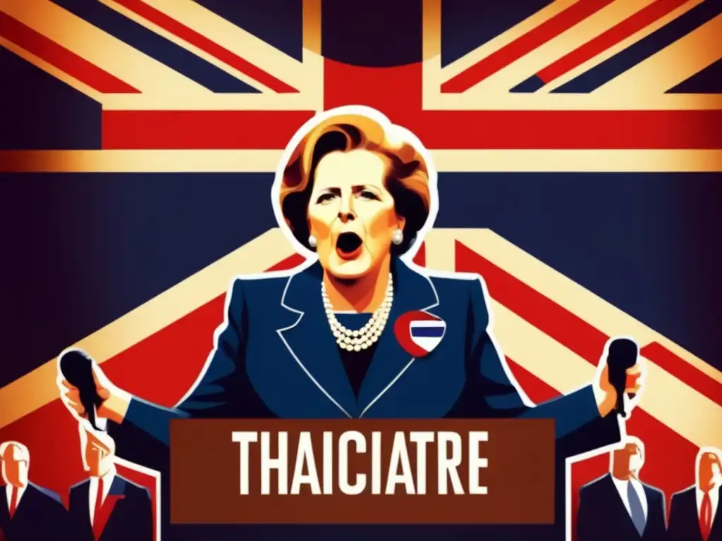 Margaret Thatcher liderando la revolución conservadora con pasión y determinación, rodeada de un grupo profesional y poderoso