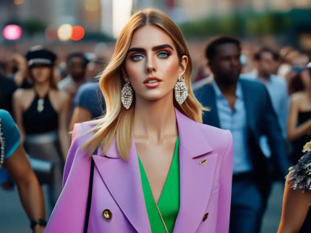 Chiara Ferragni lidera la Revolución de la moda con un atuendo moderno, rodeada de admiradores en una bulliciosa calle de la ciudad