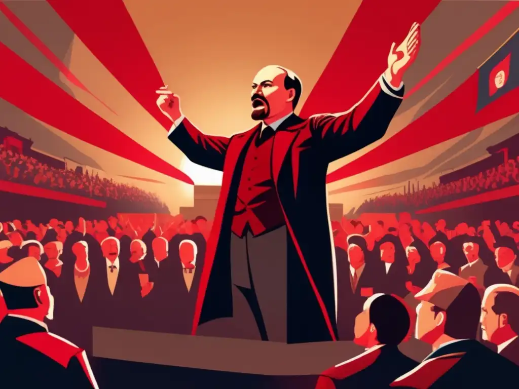 Vladimir Lenin lidera la Revolución de Octubre con determinación, mientras la multitud diversa muestra pasión y energía