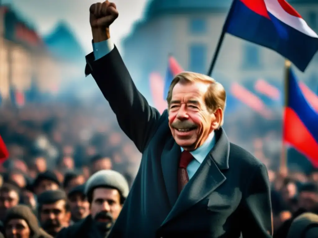 Václav Havel lidera la Revolución de Terciopelo con pasión y determinación, mientras la multitud lo apoya con entusiasmo