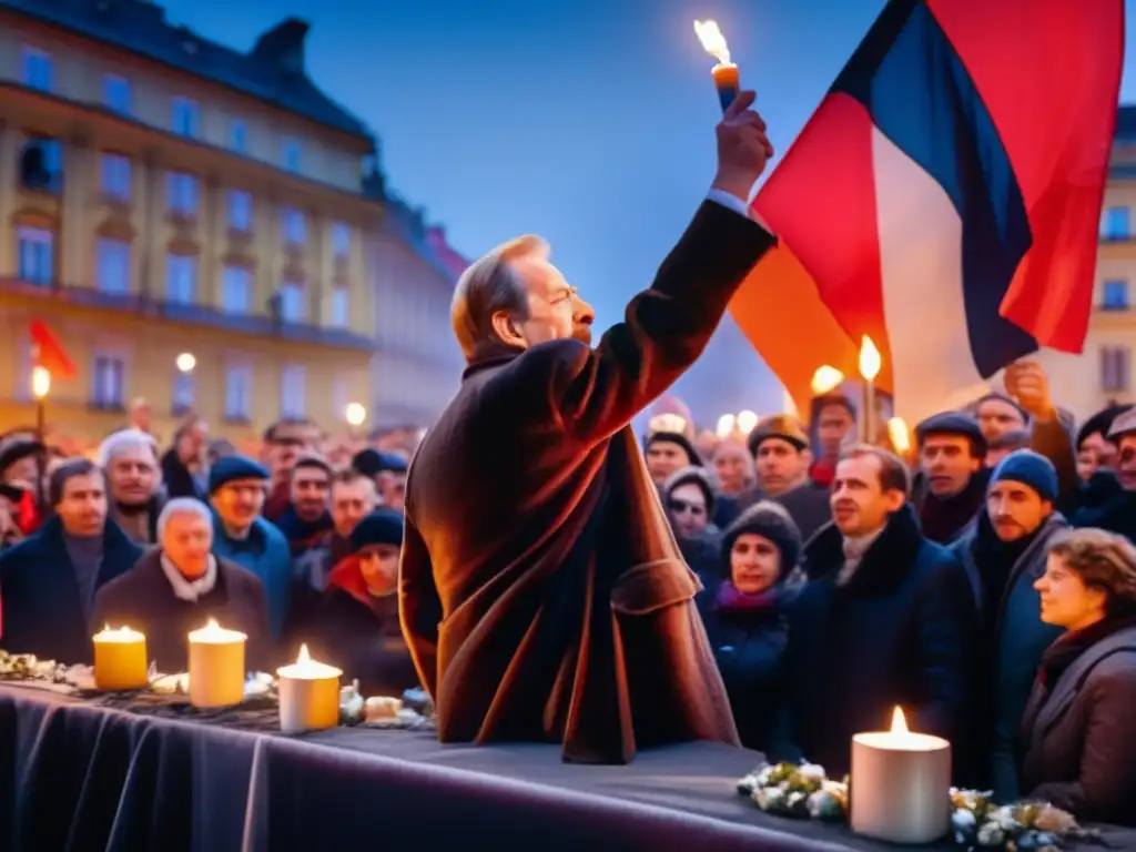 Durante la Revolución de Terciopelo, Václav Havel se dirige a la multitud con pasión y determinación, rodeado de personas con velas y banderas, en un ambiente de esperanza y unidad