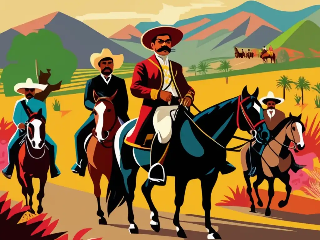 Emiliano Zapata liderando a revolucionarios a caballo en la campiña mexicana