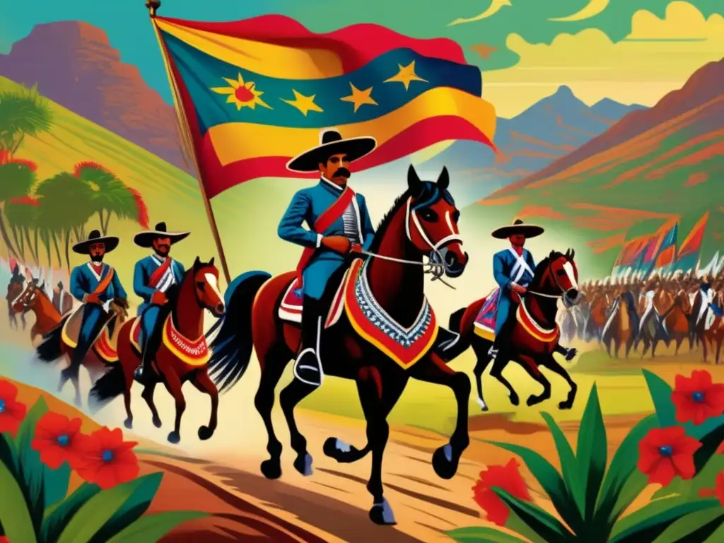 Emiliano Zapata lidera a revolucionarios a caballo en un paisaje montañoso, transmitiendo fuerza y determinación