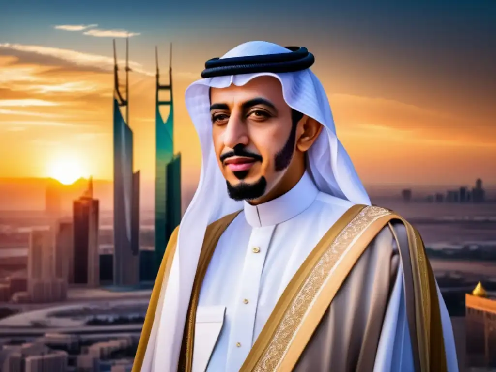 El Rey Faisal de Arabia Saudita, imponente frente al skyline moderno al atardecer