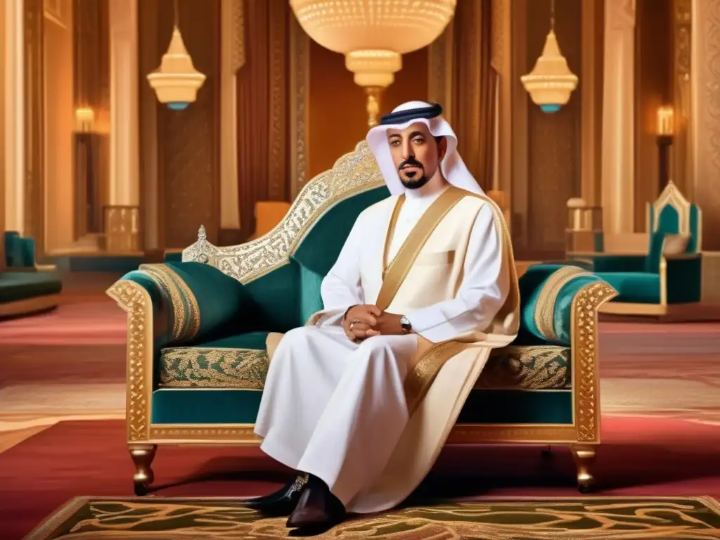 El Rey Faisal de Arabia Saudita posa en un lujoso palacio, irradiando poder y prestigio