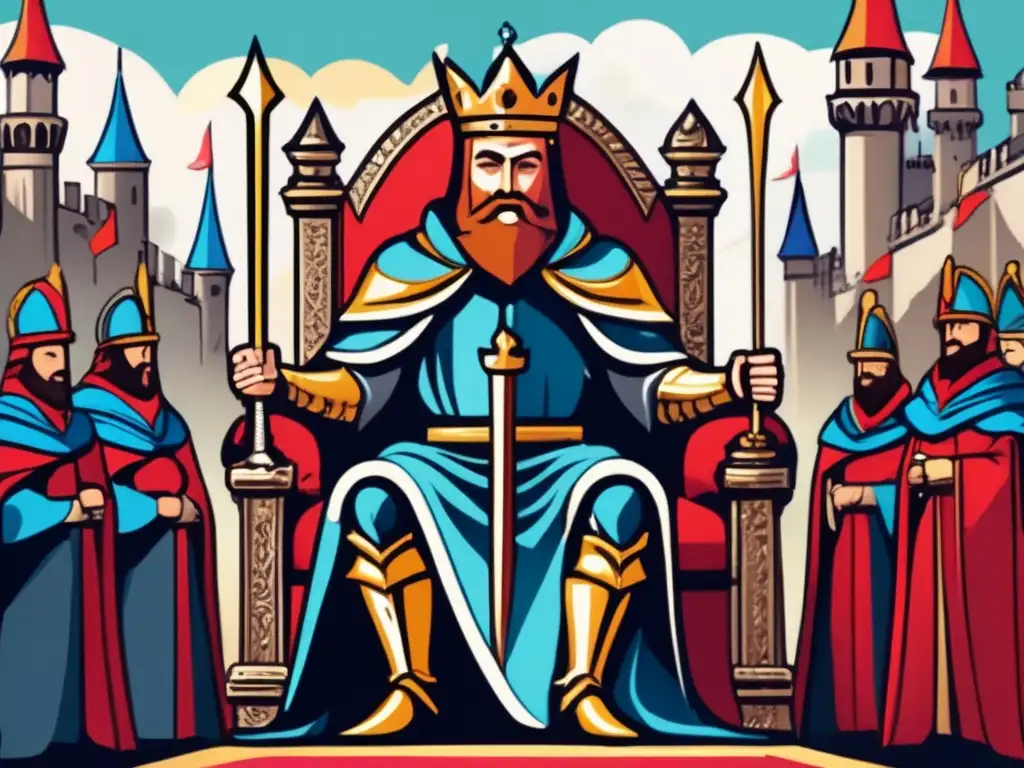 Un rey medieval con armadura y corona, rodeado de caballeros y un ejército en preparación