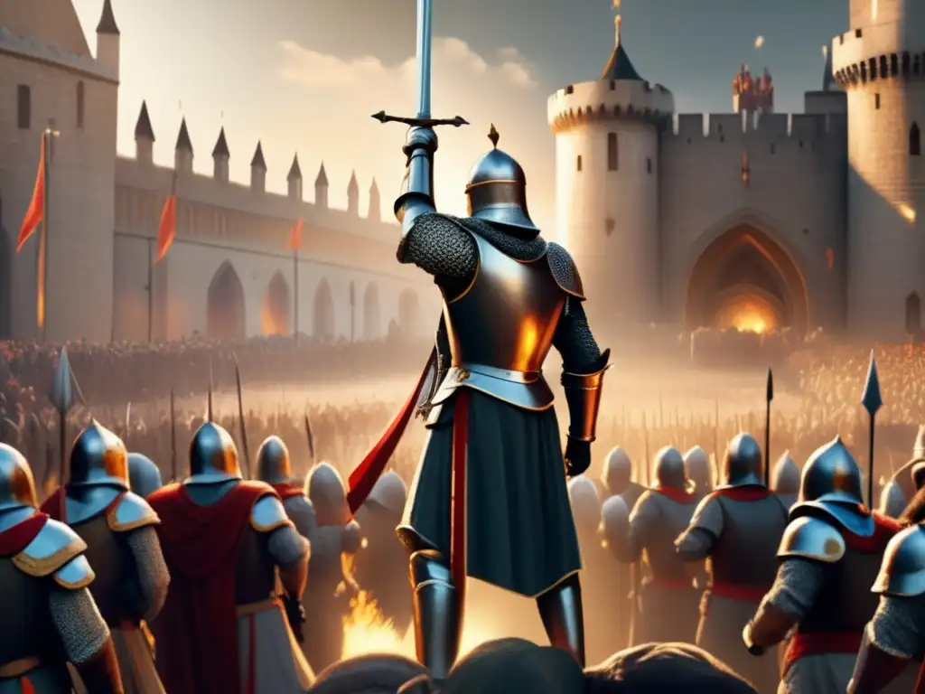 Un rey medieval en armadura sostiene su espada mientras soldados lo rodean, con un castillo al fondo y rayos de luz divina