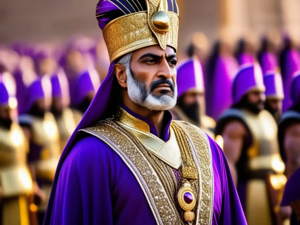 El rey Xerxes I, ataviado con armadura dorada y túnica púrpura, lidera un vasto ejército persa en un paisaje épico