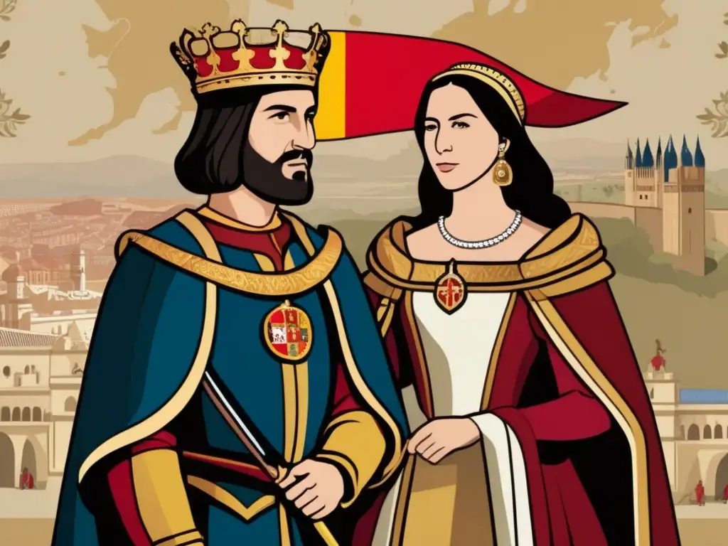 Los Reyes Católicos: Poder y Unidad en España Los Reyes Católicos unidos en una ilustración digital detallada y moderna, con el mapa de España de fondo, simbolizando su unión, conquista y poder