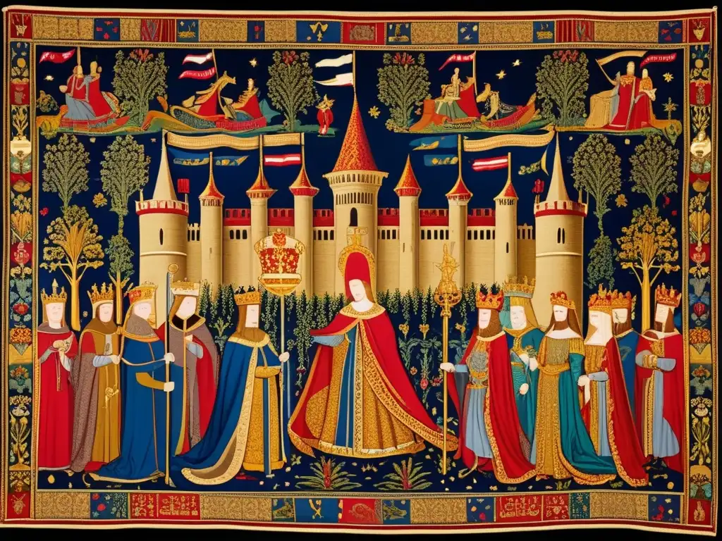 Una justificación divina de reyes medievales en preparación para la guerra, rodeados de su corte real y soldados, en un tapiz medieval