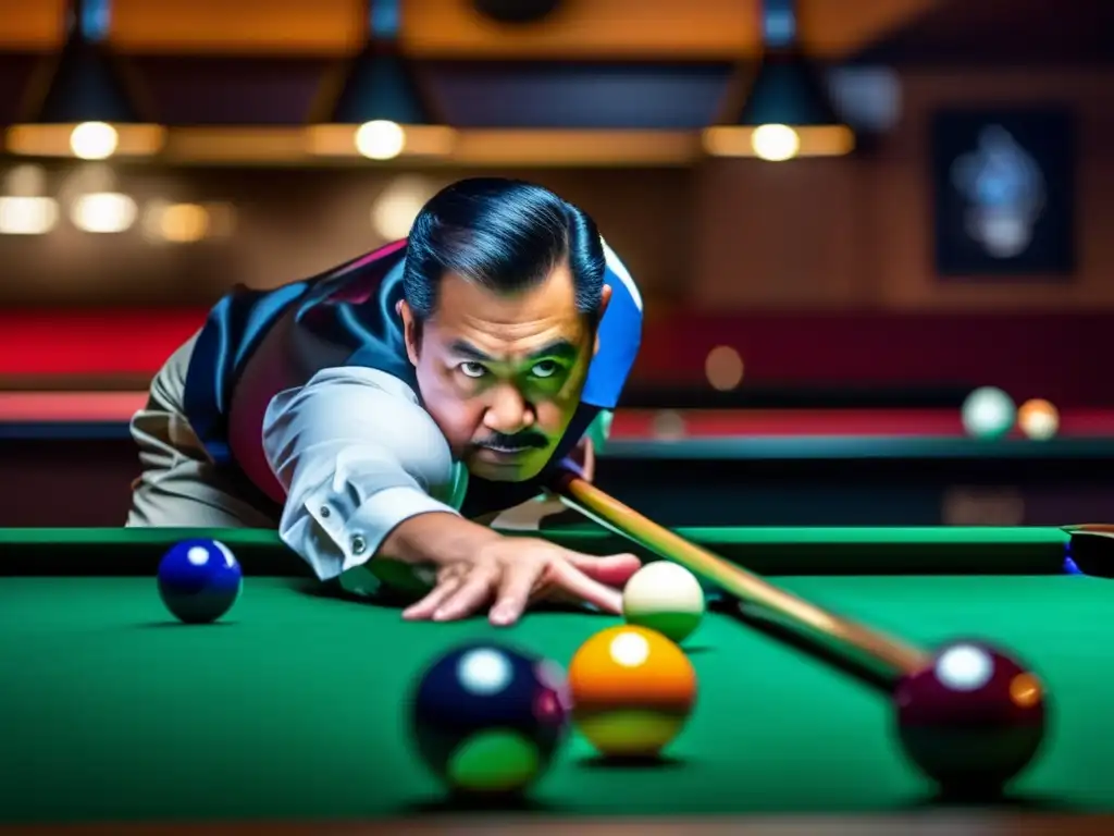 Efren Reyes ejecutando un tiro perfecto en un elegante salón de billar, historia billar