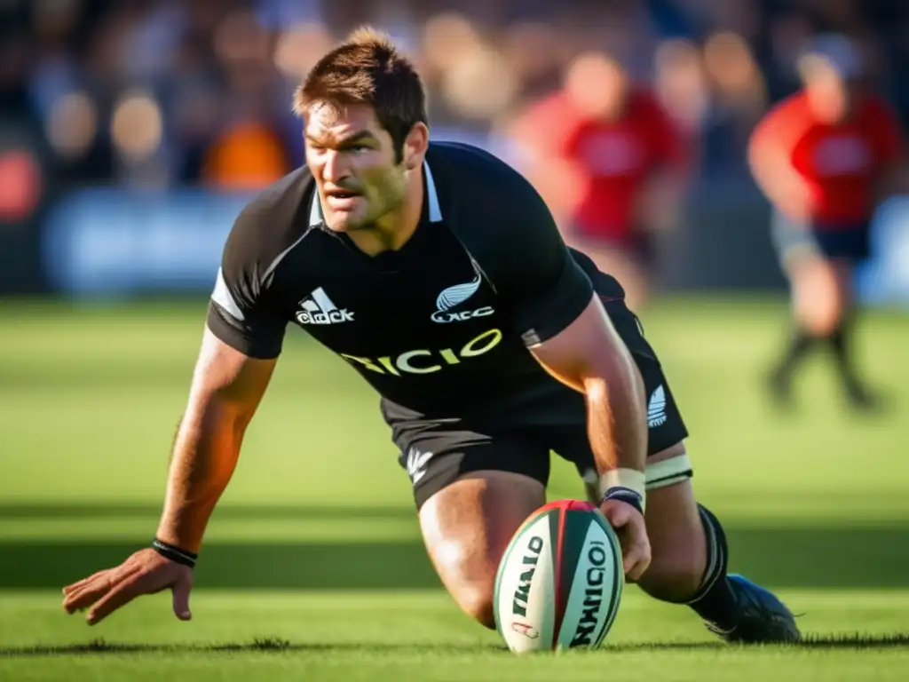 Richie McCaw concentrado en el campo de rugby, liderazgo en los All Blacks