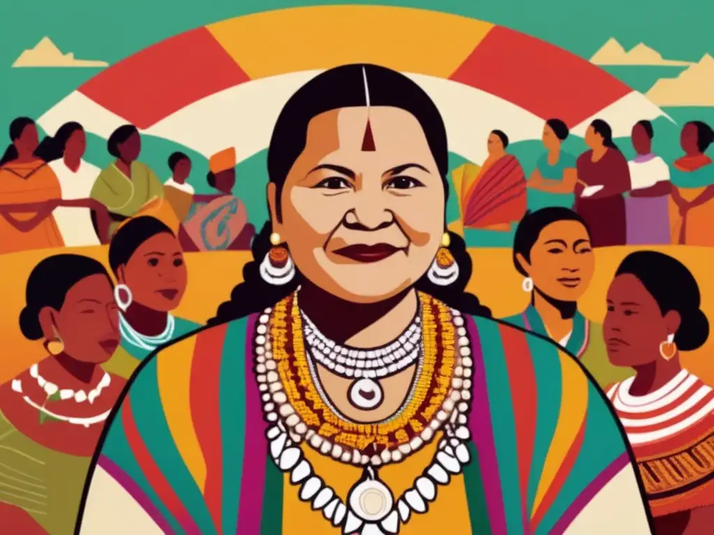 En la ilustración, Rigoberta Menchú, en traje indígena, está rodeada de personas diversas, reflejando su lucha por los derechos indígenas