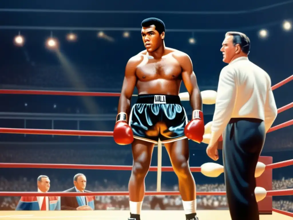 Muhammed Ali en el ring de boxeo en los Juegos Olímpicos de Roma 1960, radiante bajo las luces del estadio, listo para la acción