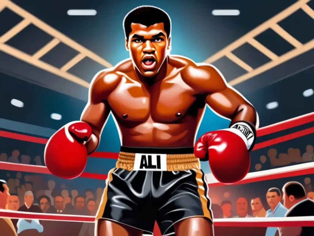 Muhammad Ali en el ring, con sus icónicos guantes rojos y mirada decidida, rodeado de una multitud emocionada