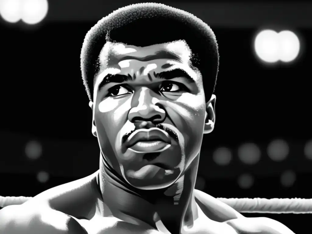 Muhammad Ali en el ring, mirada decidida y puños en alto, retrato de su impacto en el activismo civil y el deporte