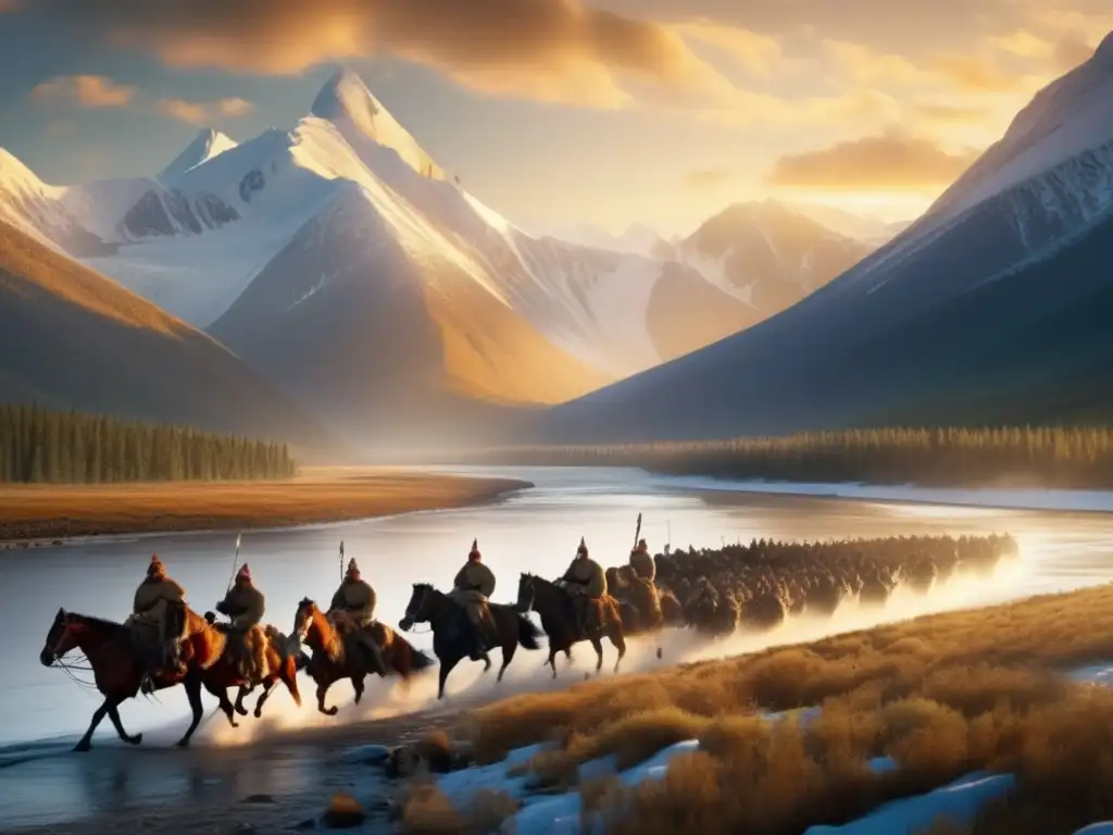 La expedición de Yermak Timoféyevich hacia Siberia: Cossacks cruzando un río montañoso al atardecer