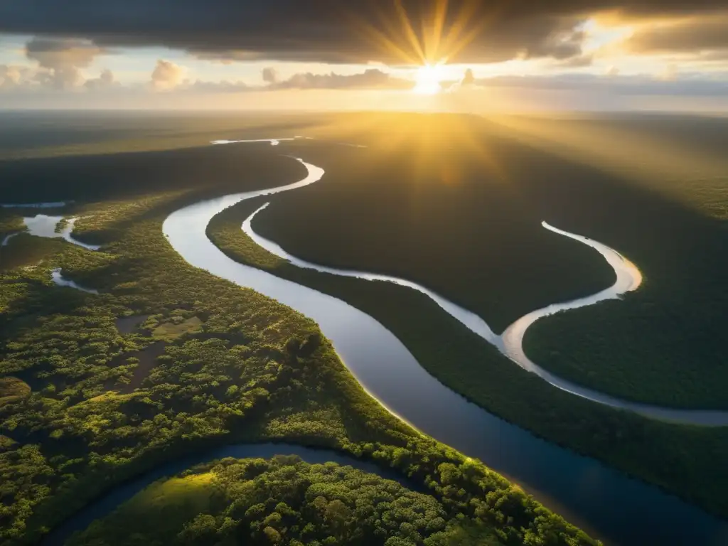 Un río serpenteante fluye a través de la exuberante selva amazónica, iluminado por rayos dorados de sol