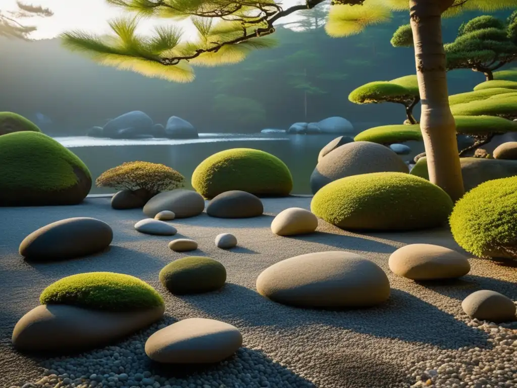 Un jardín de rocas japonés, con grava cuidadosamente rastrillada y piedras lisas