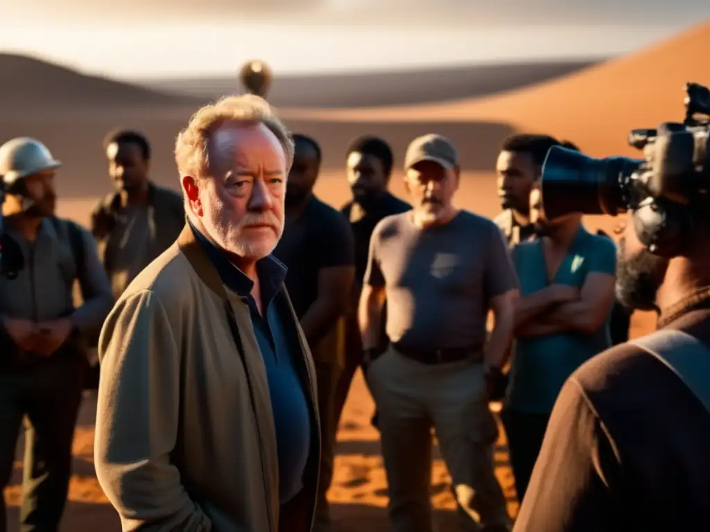 Ridley Scott, director, supervisa intensamente el rodaje de una escena crucial, rodeado de equipo y actores