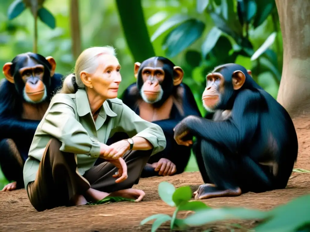 Jane Goodall, rodeada de chimpancés en su hábitat natural