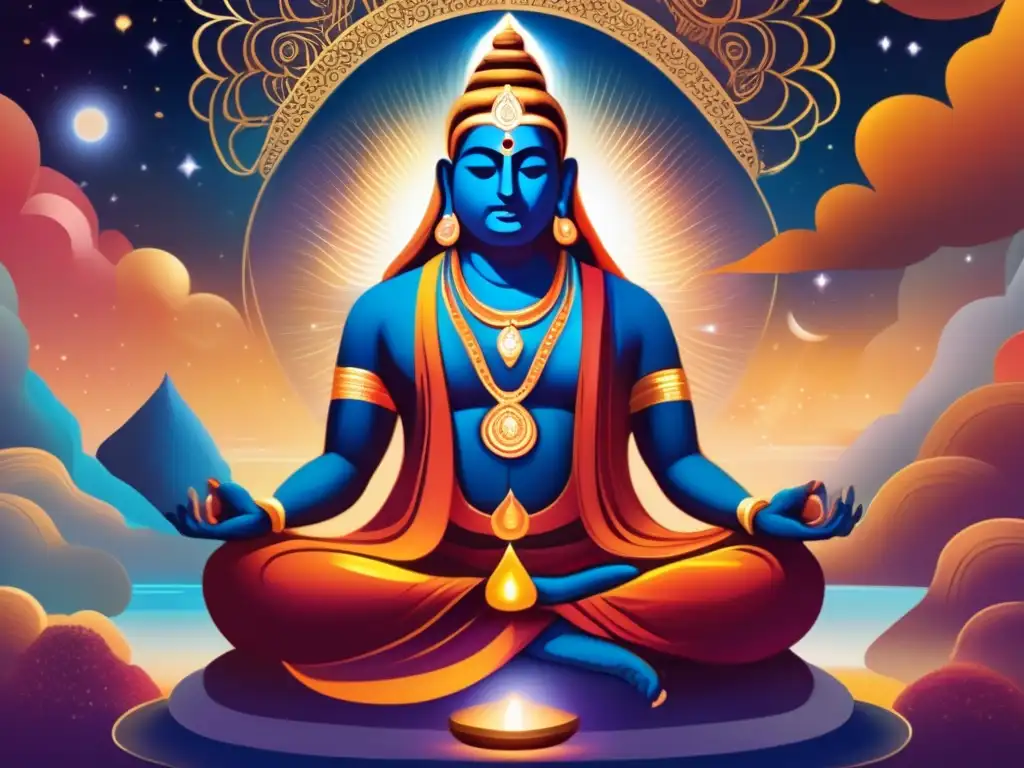 Adi Shankaracharya en meditación, rodeado de una aura dorada y una expresión tranquila