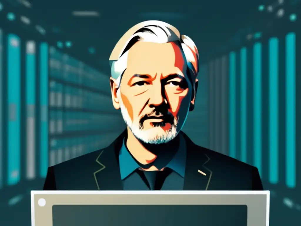Julian Assange, rodeado de código y documentos, enérgico frente a la computadora