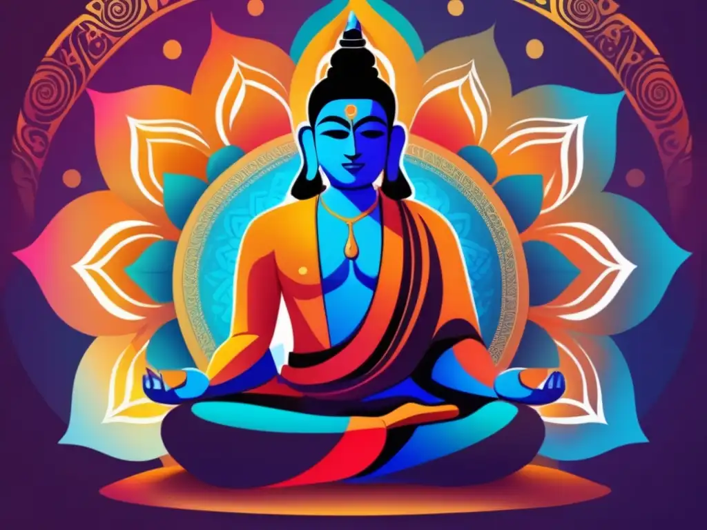 Abhinavagupta en meditación, rodeado de colores vibrantes que representan la energía y la conciencia
