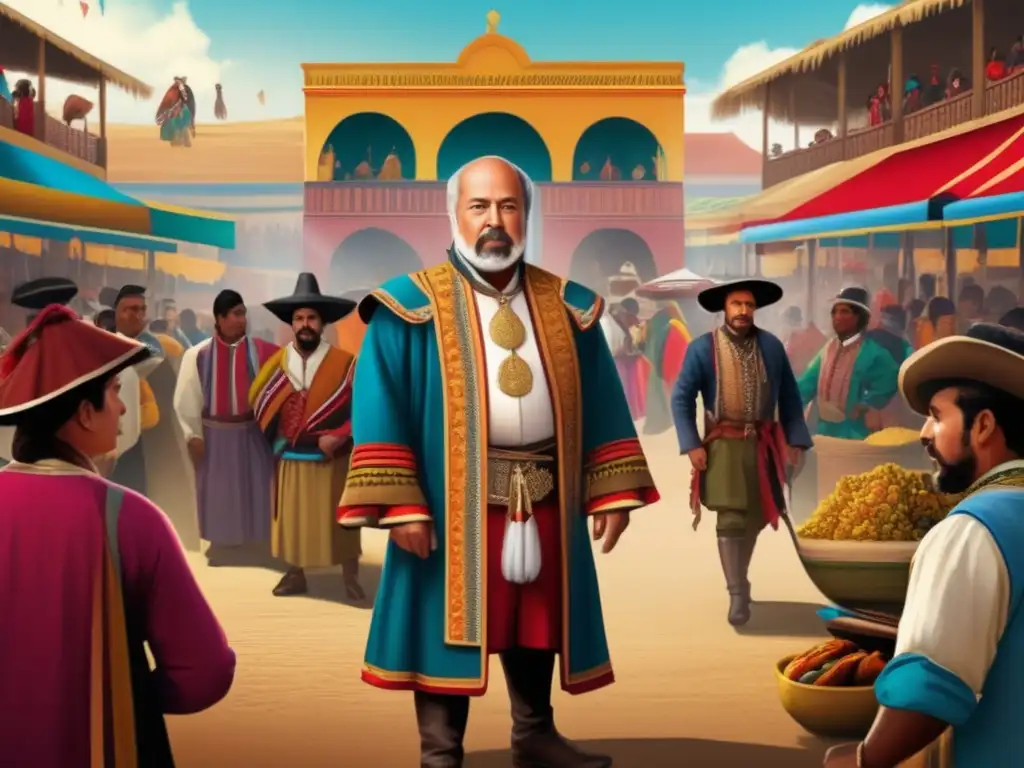 Hernando de Soto, rodeado de comerciantes indígenas en un bullicioso mercado del siglo XVI en Perú